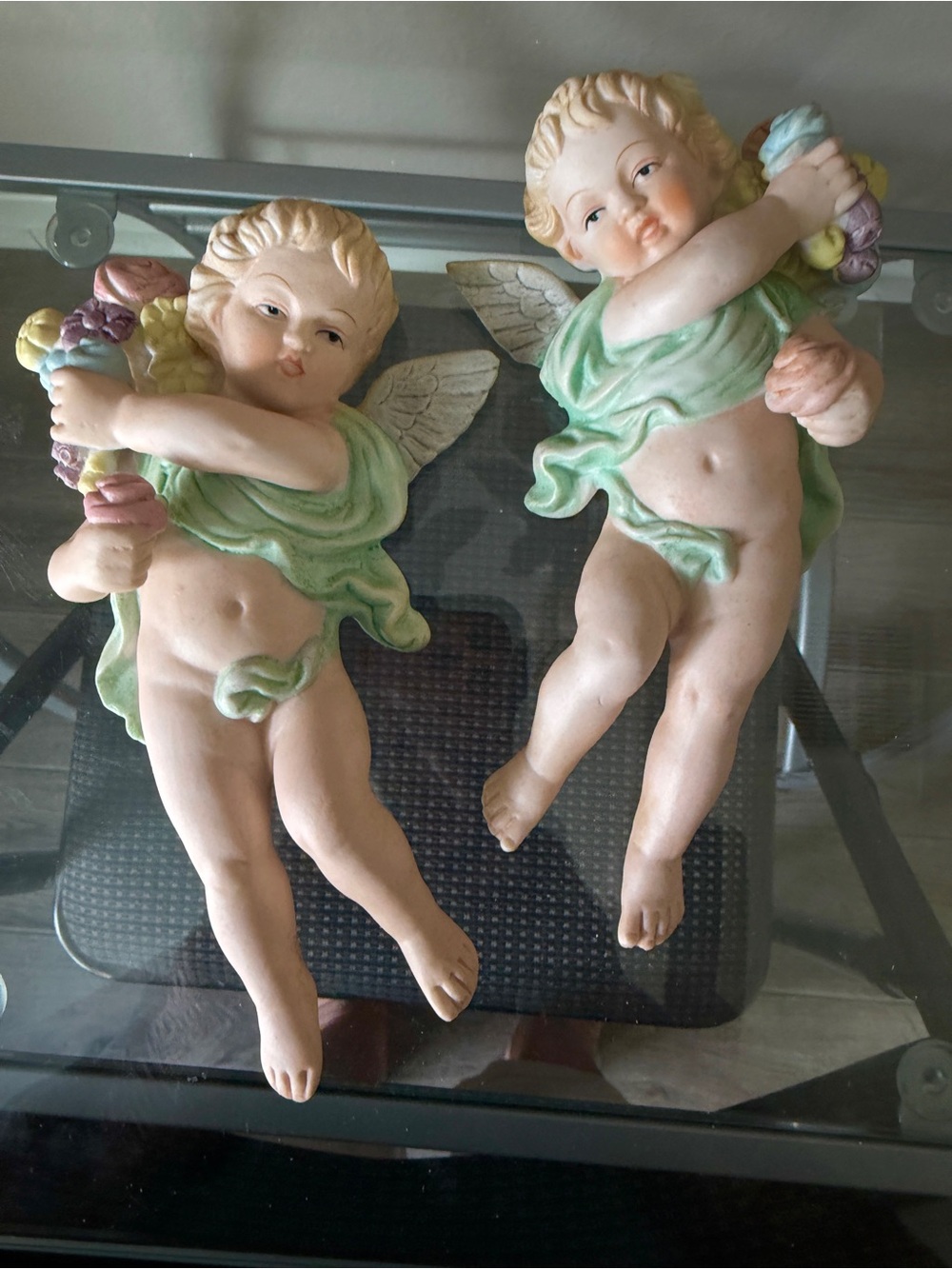 Vintage 1950’s Napco R5571 Japan Cherub Wall Plaques Set - Green Accents